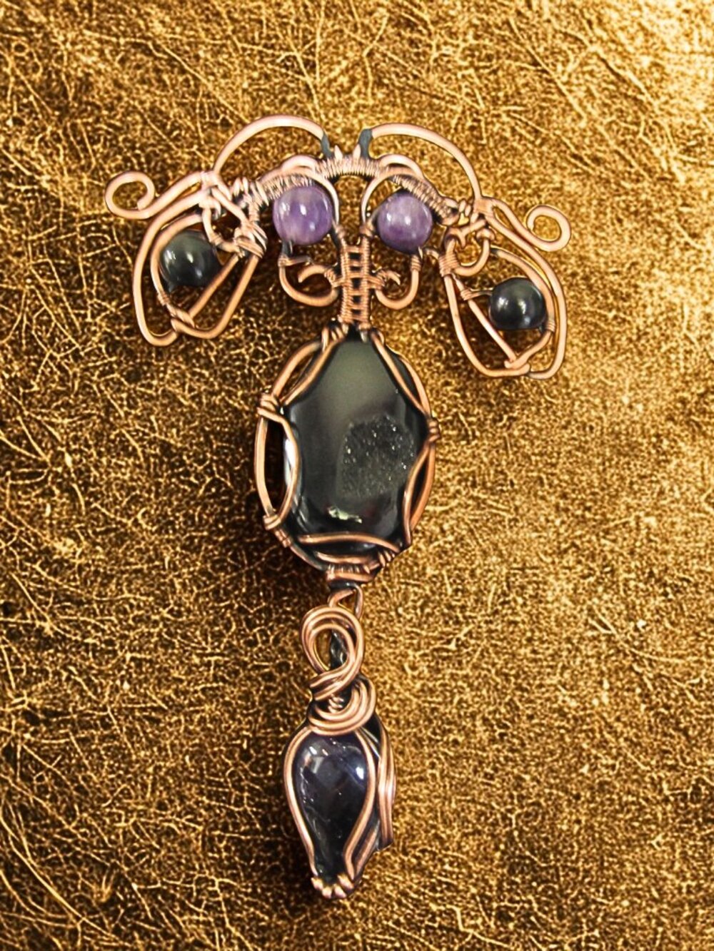 Handmade Wire wrapped Statement Necklace w/ Amethyst, Obsidian Druzy, Copper - Picture 3 of 8